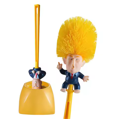 Yellow-haired Trump caricature toilet brush and holder from the supplier listing
